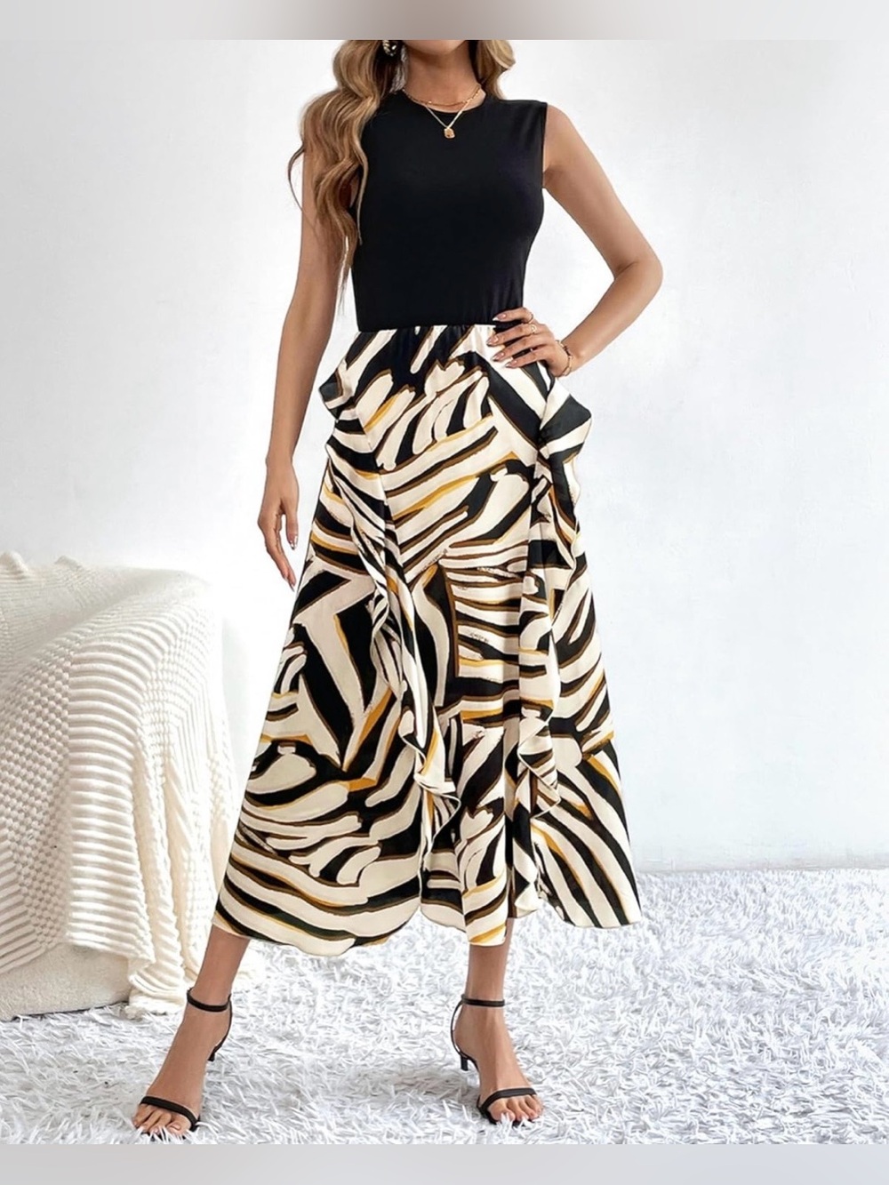 Sleeveless High-Low Dress with Black & Cream Abstract Print